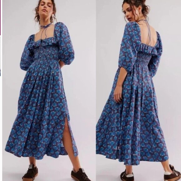 Nwot Free People Oasis Printed Midi Floral Blue  brown  Dress M - Picture 1 of 13